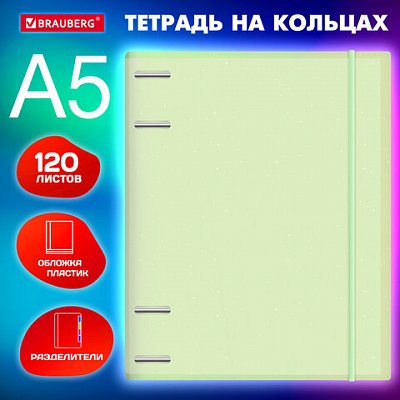 Тетрадь на кольцах А5 175×220 мм, 120 л., пластик, с резинкой и разделителями, BRAUBERG, Зеленый