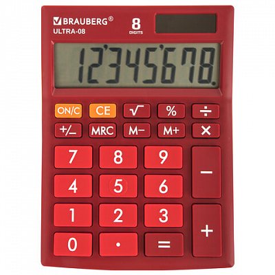 Калькулятор настольный BRAUBERG ULTRA-08-WR, КОМПАКТНЫЙ (154×115 мм), 8 разрядов, двойное питание, БОРДОВЫЙ