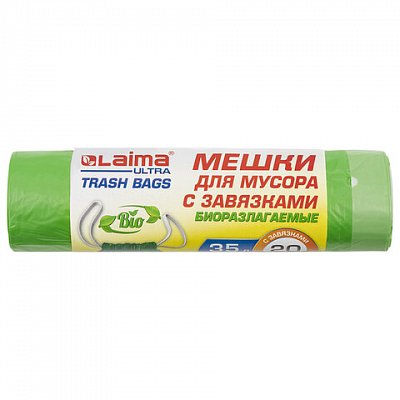 Мешки для мусора биоразлагаемые с завязками LAIMA «ULTRA» 35 л20 шт. прочныеПНД 14 мкм50×60 см607688