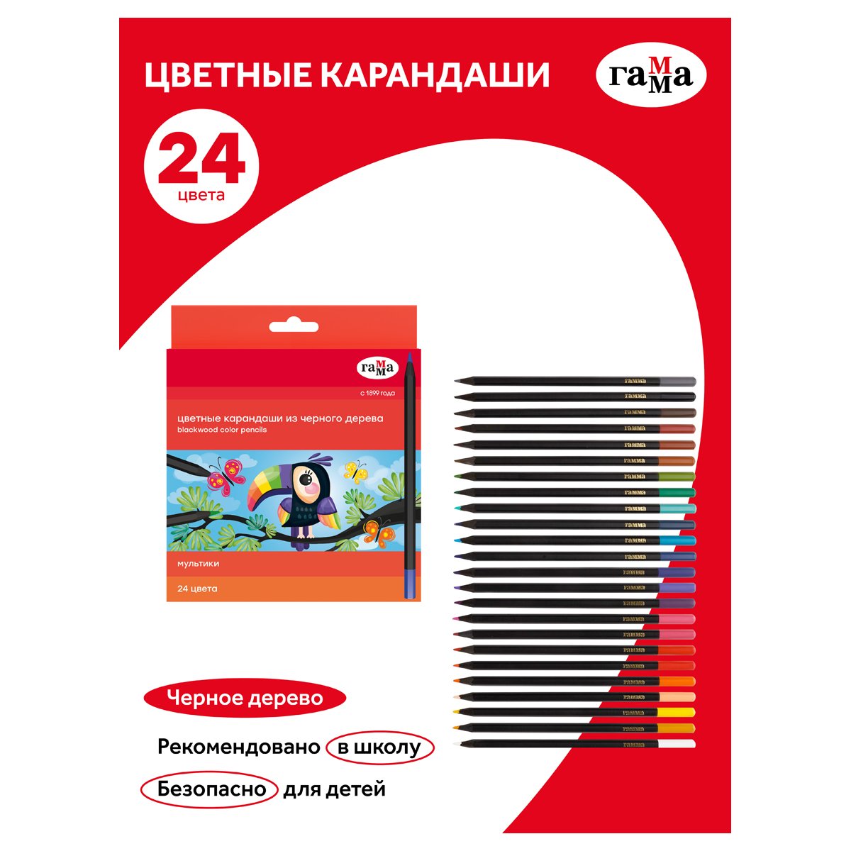 Карандаши цветные Гамма «Мультики», 24цв., черное дерево, заточен., картон. упак., европодвес
