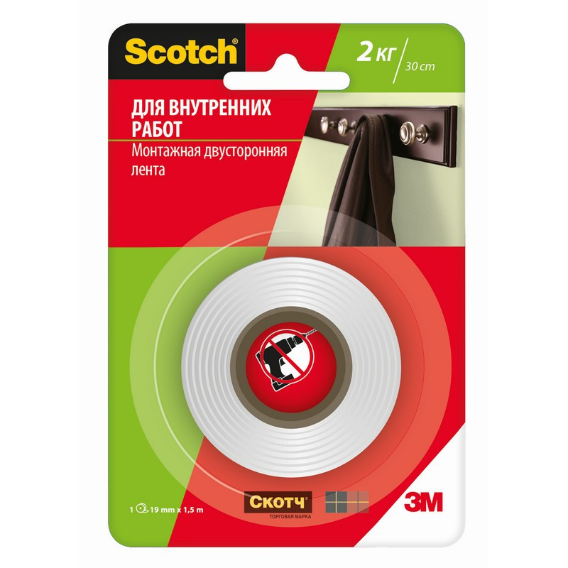 превью Клейкая лента монтажная двусторонняя 3M Scotch белая 19 мм x 1.5 м (для внутренних работ)