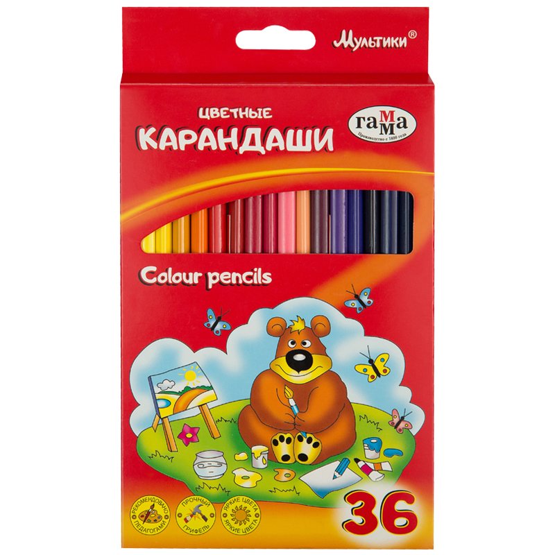 Карандаши цветные ГАММА «Мультики», 36 цветов, заточенные, трехгранные, картонная упаковка