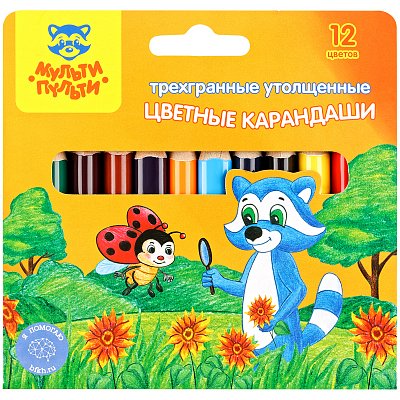 Карандаши цветные Мульти-Пульти «Енот на лугу», 12цв., утолщ., трехгран., укорочен., заточен., картон