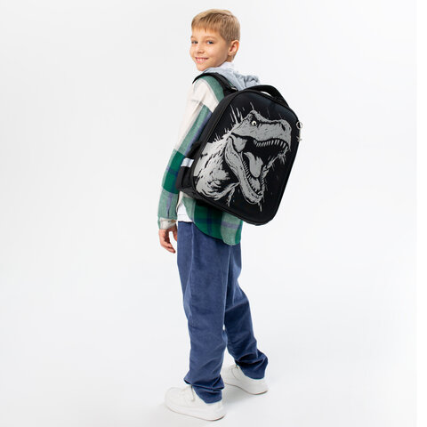Ранец BRAUBERG SHINY, 2 отделения, с брелком, Scary dino, СВЕТЯЩИЙСЯ РИСУНОК, 38×28х14 см