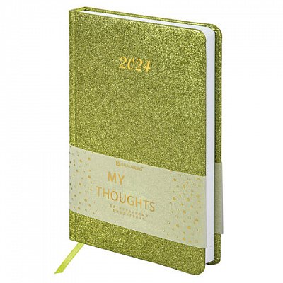 Ежедневник датированный 2024 А5 138×213 мм, BRAUBERG «Sparkle», под кожу, блестки, зеленый