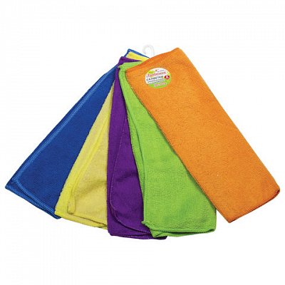 Салфетки универсальные, КОМПЛЕКТ 5 шт., микрофибра, 30×30 см (фиолетовая, синяя, желтая, зеленая, оранжевая), ЛЮБАША