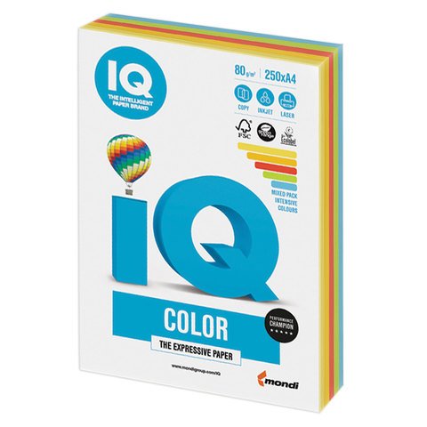 превью Бумага цветная IQ Color (A4, 80г/?, 5 цветов по 50 листов, 250 листов в пачке)