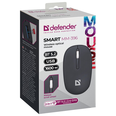 Мышь беспроводная DEFENDER Smart MM-396, 1600 dpi, 2 кнопки + 1 колесо-кнопка, оптическая, черная