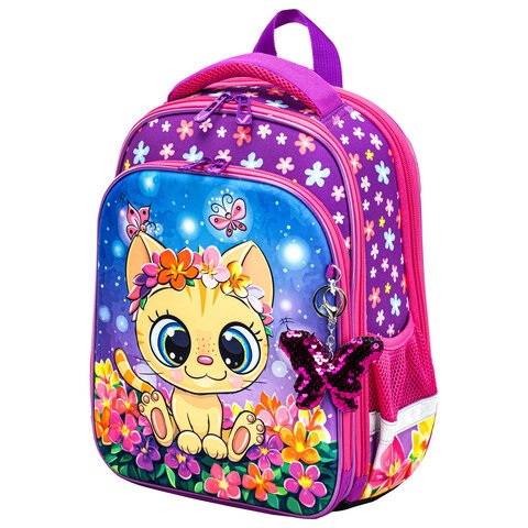 Ранец BRAUBERG QUADRO, 3 отделения, с брелком, «Charming kitten», 37×28х18 см