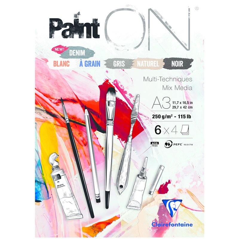 превью Альбом для смешанных техник 24л., А3, на склейке Clairefontaine «Paint'ON», 250г/м2, 6 цветов