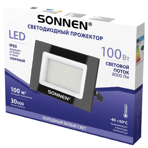 Прожектор светодиодный 100 Вт, 6500 К, 8000 Лм, IP65, 250×178x27 мм, черный, SONNEN