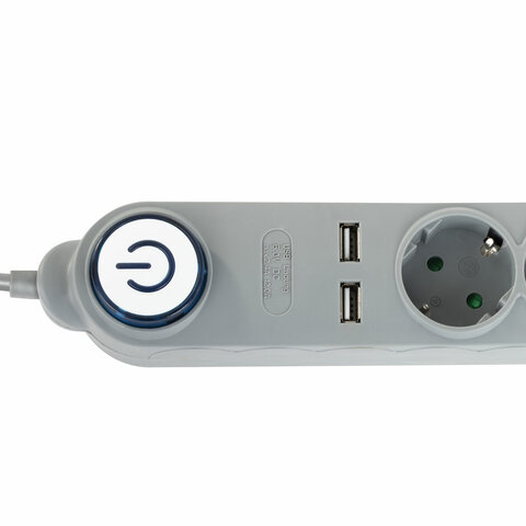 Сетевой фильтр SONNEN DX04, 4 розетки, 2 USB-порта, с заземлением, 10 А, 1.8 м, серый