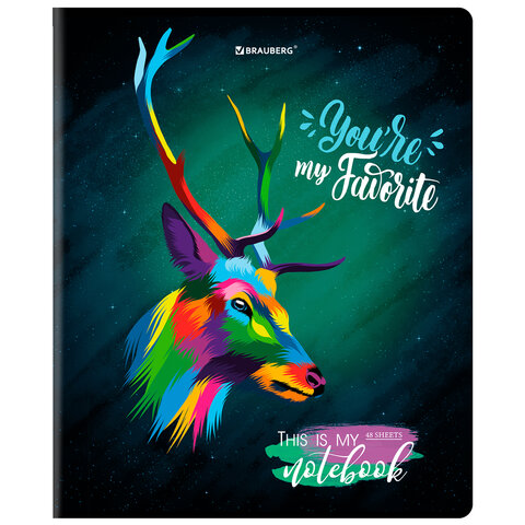 Тетрадь А5, 48 л., BRAUBERG, скоба, клетка, матовая ламинация, выборочный лак, «Animals Pop-Art»