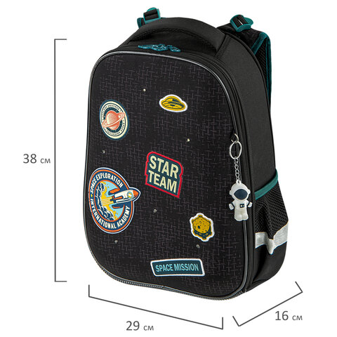 Ранец BRAUBERG PREMIUM, 2 отделения, с брелком, «Space mission», LED ЛАМПОЧКИ, 38×29х16 см