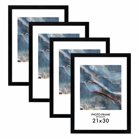 превью Рамка 21×30 см небьющаяся, КОМПЛЕКТ 4 шт., багет 16 мм МДФ, BRAUBERG «Basic», черная