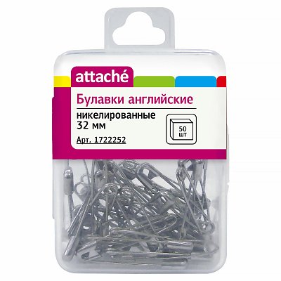 Булавки английские Attache, 32 мм, никелир.,50 шт/уп, пласт. коробка, европодв