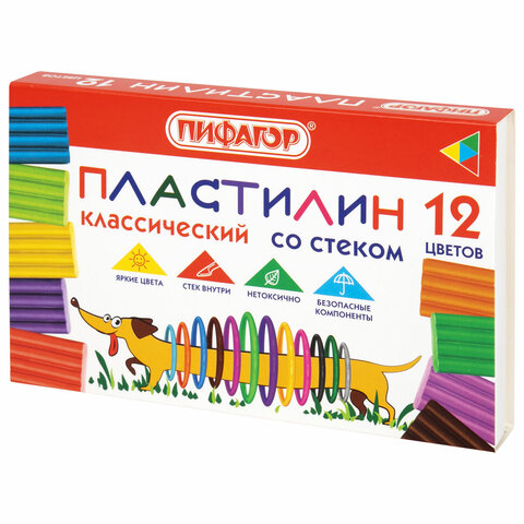 превью Пластилин классический ПИФАГОР «Веселая такса», 12 цветов, 180 г, СО СТЕКОМ
