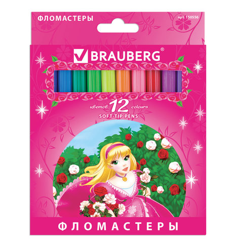 превью Фломастеры BRAUBERG 12 цв., вент. колп, карт. упак., увелич. срок службы, изображ. принцессы