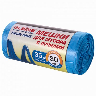 Мешки для мусора с ручками LAIMA ULTRA 35 лсиние30 шт. прочныеПНД 8.5 мкм50×54 см607683