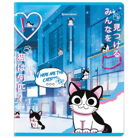 Тетради ДЭК А5 48 л. КОМПЛЕКТ 5 шт. BRAUBERGклеткаматовая ламинациялак«Аниме Кот»404671