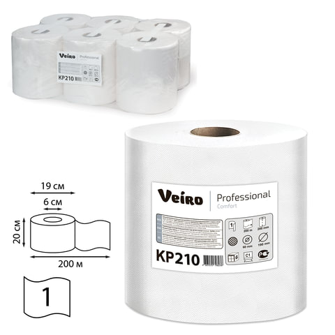 превью Полотенца бумажные в рулонах Veiro Professional Comfort KP210 1-слойные 6 рулонов по 200 метров (с центральной вытяжкой)