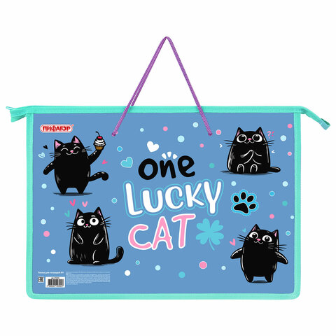 Папка на молнии с ручками ПИФАГОР А4, 1 отделение, пластик, ручки-шнурок, «Funny cats»