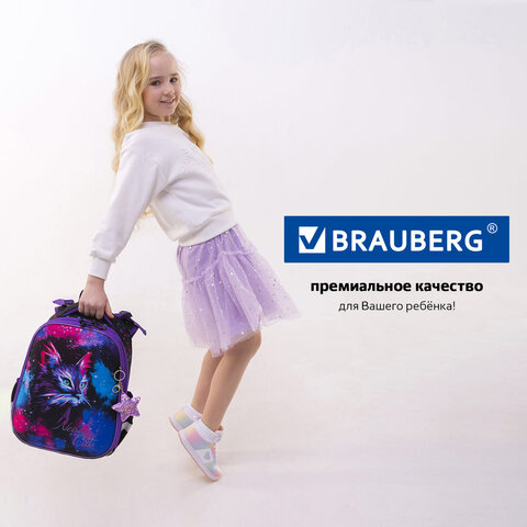 Ранец BRAUBERG PREMIUM, 2 отделения, с брелком, «Neon cat», 38×29х16 см