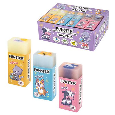Ластик FUNSTER (ФАНСТЕР) «PETS», 50×21х16 мм, прямоугольный, картонный держатель, экологичный ПВХ, ассорти