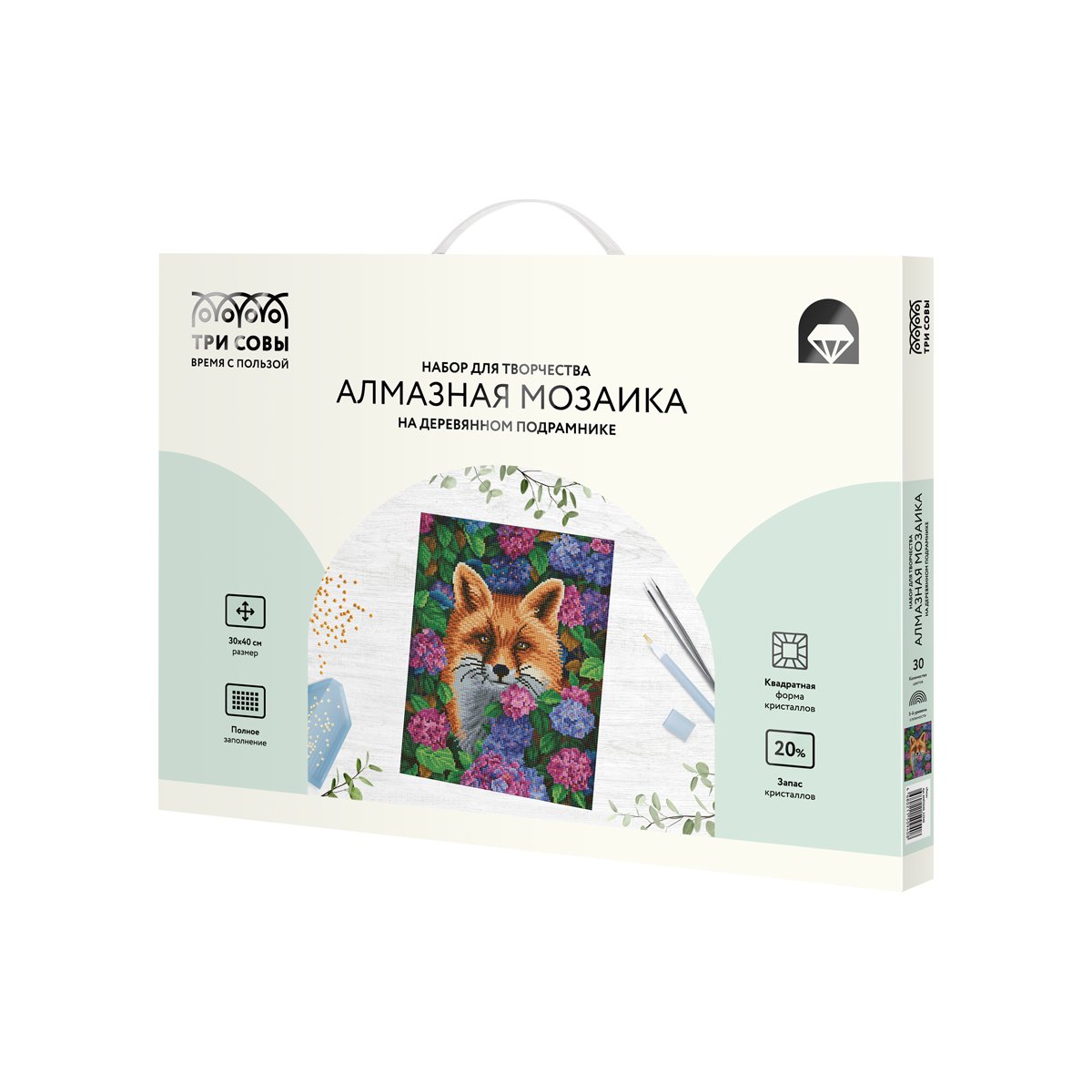 Алмазная мозаика ТРИ СОВЫ «Лиса», 30×40см, холст на деревянном подрамнике, картонная коробка с пластиковой ручкой