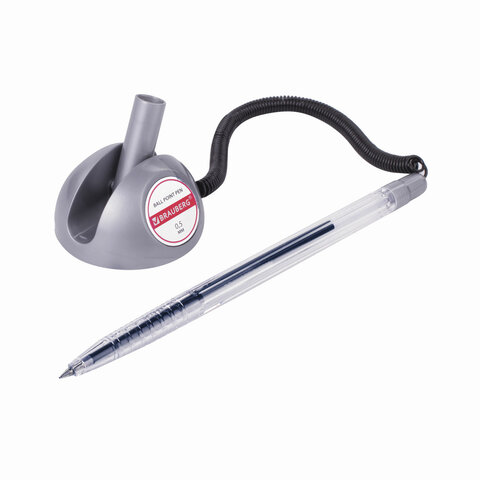 Ручка шариковая настольная BRAUBERG «Counter Pen», СИНЯЯ, пружинка, корпус серебристый, 0.5 мм, 143258