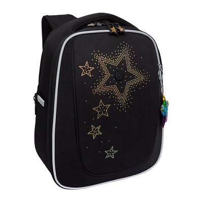 Ранец GRIZZLY анатомическая спинка, с брелоком, для девочек, «STARS», 36×29х18 см