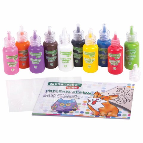 Краски витражные BRAUBERG KIDS, 10 ярких цветов, 10 туб по 20 мл, книга шаблонов