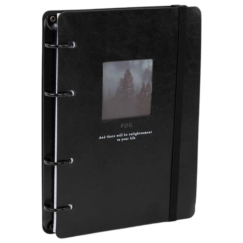 превью Тетрадь на кольцах А5, 180×220 мм, 120 л., под кожу, вырубка, резинка, стикеры, BRAUBERG, «Туман»