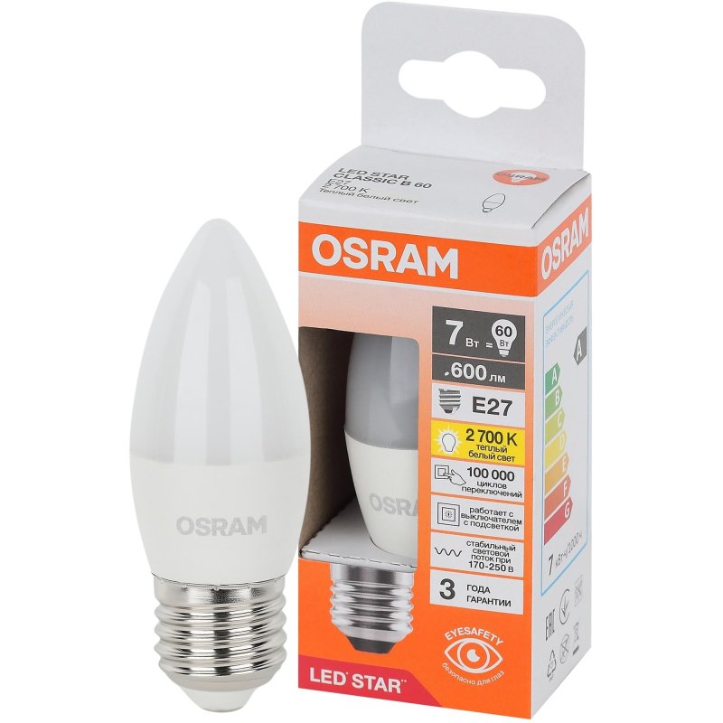 Лампа светодиодная OSRAM LSCLB60 7W/827 230VFR E27 FS1