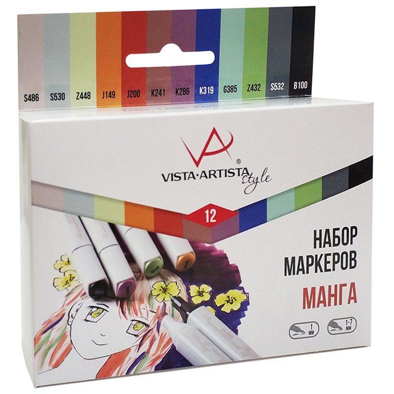 превью Набор маркеров для творчества Vista-Artista «Style» 12цв., пулевидный/скошенный, 0.7мм/1-7мм, Манга