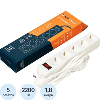 Сетевой фильтр BigTech STD-510-1.8-W (5р/1.8м/10А/2.2кВт/1мм2/белый)