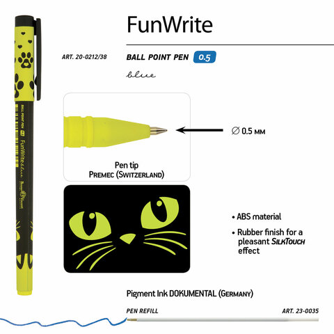 Ручка шариковая BRUNO VISCONTI «FunWrite», СИНЯЯ, «Черный кот», узел 0.5 мм, линия письма 0.3 мм