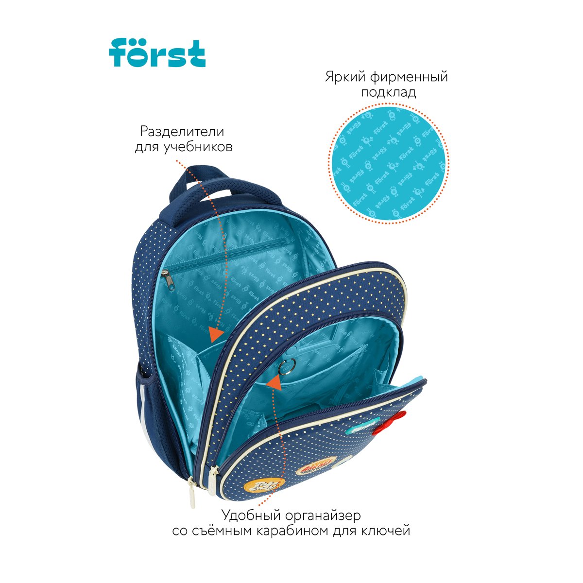 Ранец Först F-LIGHT «Горошек» 37×28×16см, 2 отделения, 2 кармана, анатомическая спинка