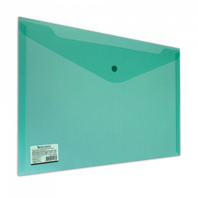 Папка-конверт с кнопкой BRAUBERG, А4, прозрачная, плотная, зеленая, до 100 листов, 0,18 мм