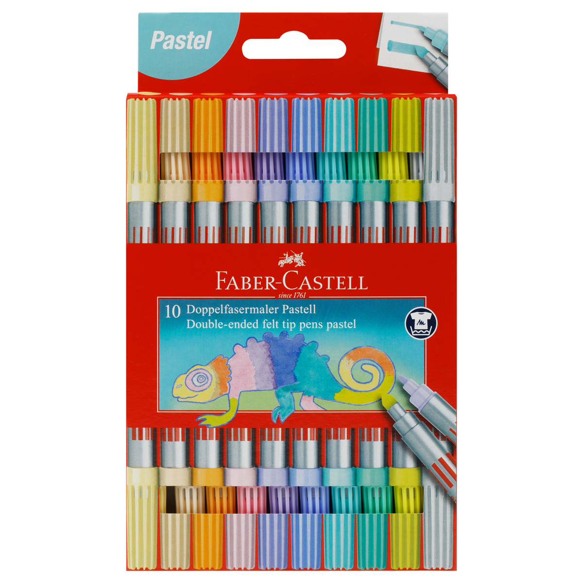 Фломастеры двусторонние Faber-Castell, 10 паст. цв., смываемые, пластик. уп., европодвес