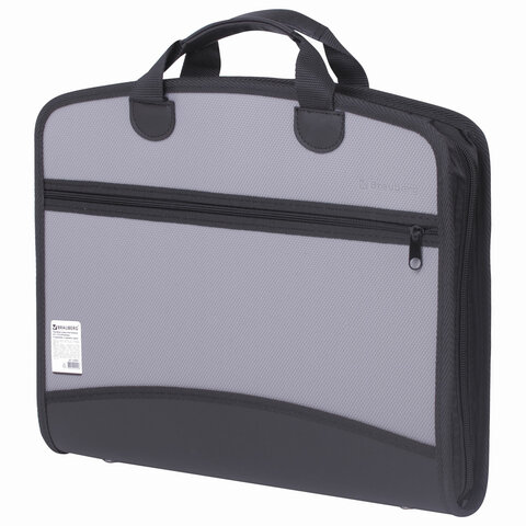 Портфель-сумка пластиковый BRAUBERG А4+ (375×305×60 мм), 4 отделения, 2 кармана, серый, 228685