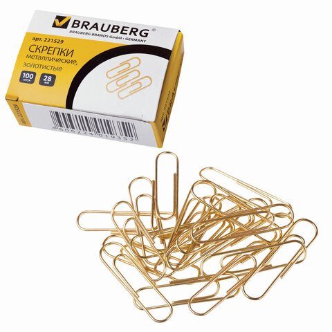 Скрепки BRAUBERG, 28 мм, золотистые, 100 шт., в картонной коробке