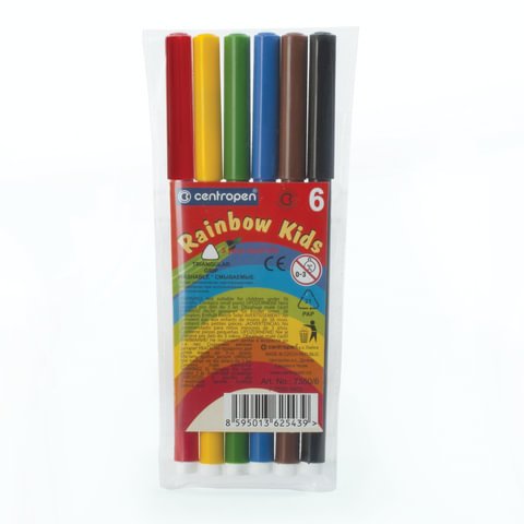 Фломастеры CENTROPEN «Rainbow Kids», 6 цветов, смываемые, эргономичные, вентилируемый колпачок