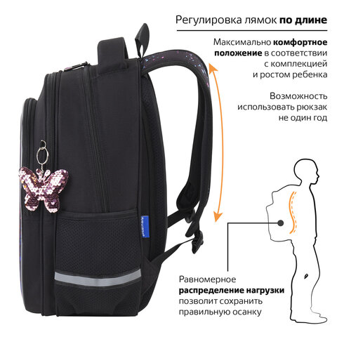 Рюкзак BRAUBERG OPTIMA, 2 отделения, с брелоком, «Butterfly catcher», СВЕТЯЩИЙСЯ, 36×27х18 см