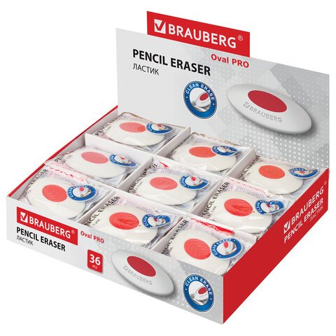 Ластик BRAUBERG «Oval PRO», 40×26*8мм, овальный, красный пластиковый держатель