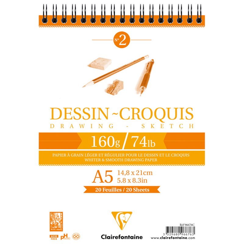 превью Блокнот для эскизов и зарисовок 35л. А5 на гребне Clairefontaine «Dessin croquis», 160г/м2