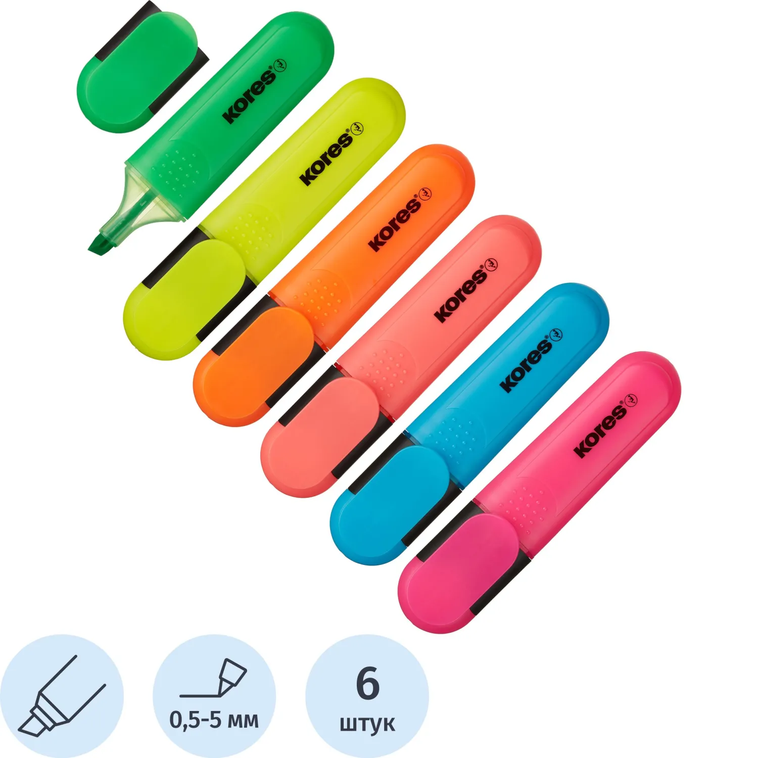 Набор текстовыделителей Kores Bright Liner Plus (толщина линии 0.5-5 мм, 6 цветов)