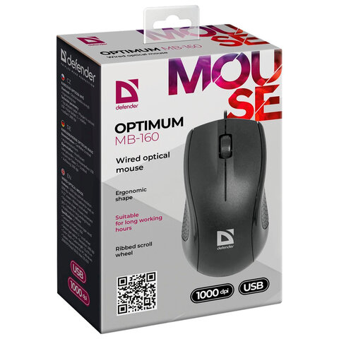 Мышь проводная DEFENDER Optimum MB-160, USB, 2 кнопки + 1 колесо-кнопка, оптическая, черная