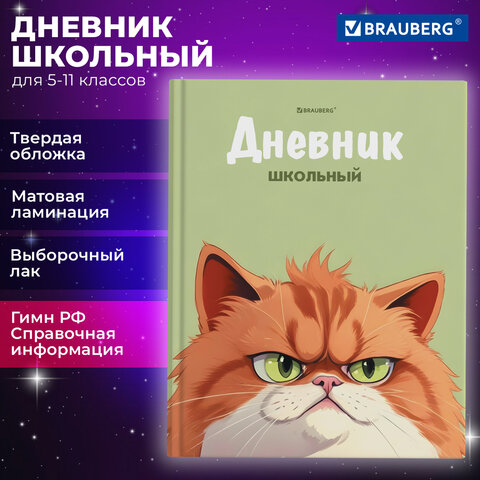Дневник 5-11 класс 48 л., твердый, BRAUBERG, выборочный лак, с подсказом, «Суровый Кот»
