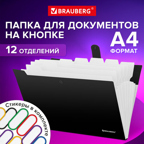 превью Папка-органайзер на кнопке 12 отделений, BRAUBERG «Extra», А4, черная с белым